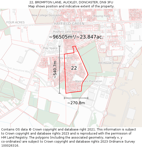 22, BROMPTON LANE, AUCKLEY, DONCASTER, DN9 3FU: Plot and title map