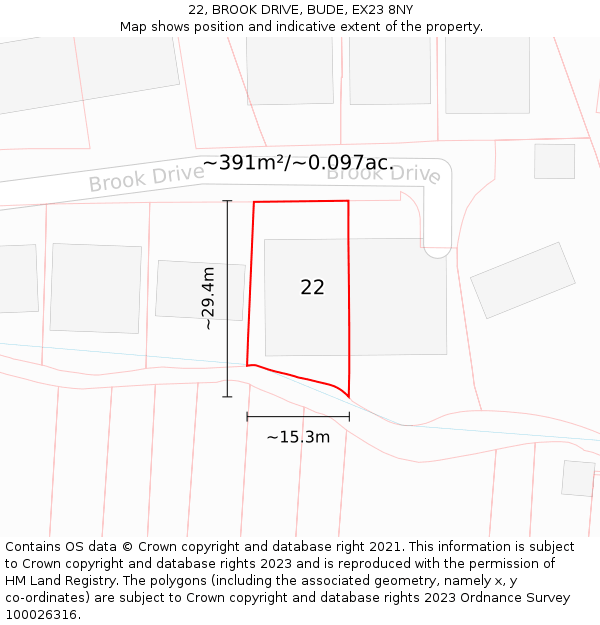 22, BROOK DRIVE, BUDE, EX23 8NY: Plot and title map