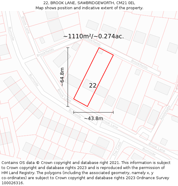 22, BROOK LANE, SAWBRIDGEWORTH, CM21 0EL: Plot and title map