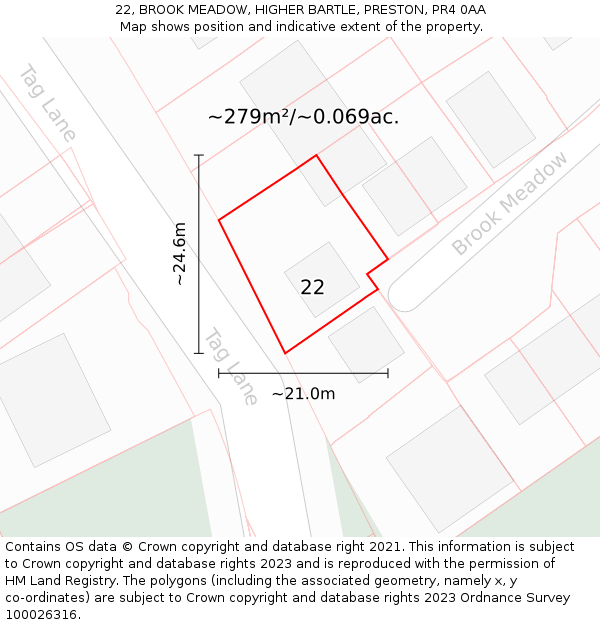 22, BROOK MEADOW, HIGHER BARTLE, PRESTON, PR4 0AA: Plot and title map