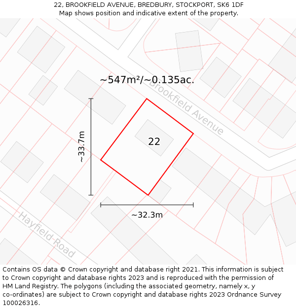22, BROOKFIELD AVENUE, BREDBURY, STOCKPORT, SK6 1DF: Plot and title map