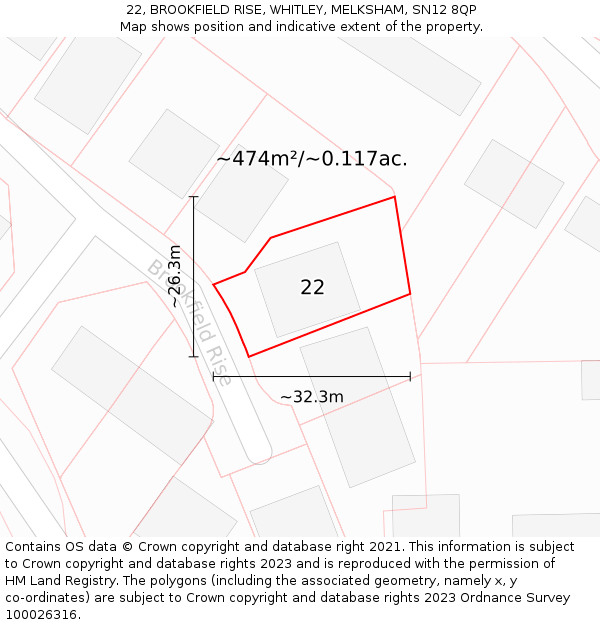 22, BROOKFIELD RISE, WHITLEY, MELKSHAM, SN12 8QP: Plot and title map