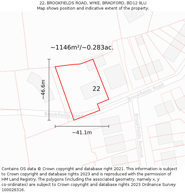 22, BROOKFIELDS ROAD, WYKE, BRADFORD, BD12 9LU: Plot and title map