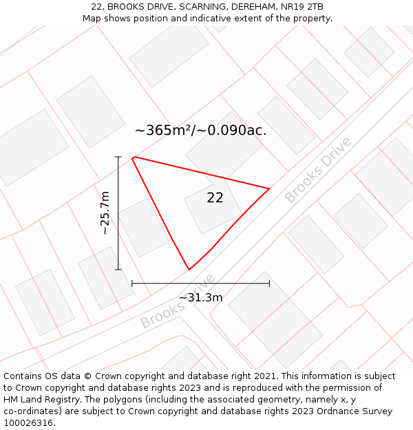 22, BROOKS DRIVE, SCARNING, DEREHAM, NR19 2TB: Plot and title map