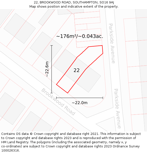 22, BROOKWOOD ROAD, SOUTHAMPTON, SO16 9AJ: Plot and title map