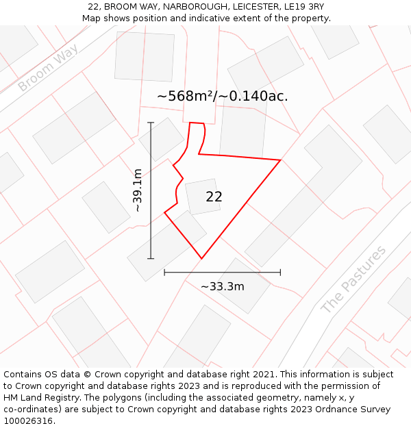 22, BROOM WAY, NARBOROUGH, LEICESTER, LE19 3RY: Plot and title map