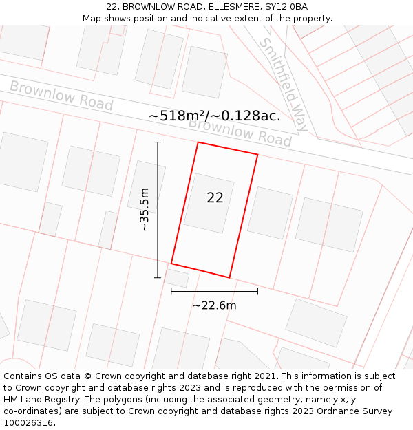 22, BROWNLOW ROAD, ELLESMERE, SY12 0BA: Plot and title map