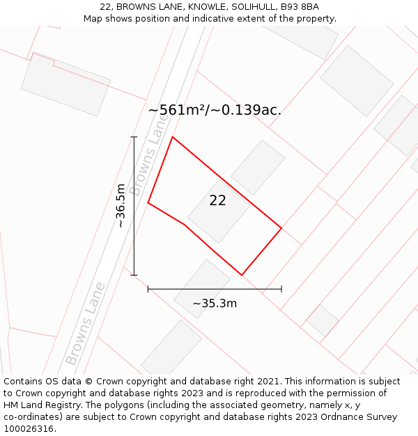 22, BROWNS LANE, KNOWLE, SOLIHULL, B93 8BA: Plot and title map