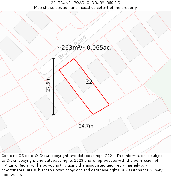 22, BRUNEL ROAD, OLDBURY, B69 1JD: Plot and title map