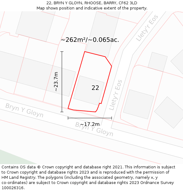 22, BRYN Y GLOYN, RHOOSE, BARRY, CF62 3LD: Plot and title map