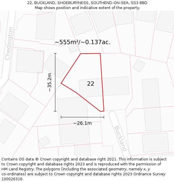 22, BUCKLAND, SHOEBURYNESS, SOUTHEND-ON-SEA, SS3 8BD: Plot and title map