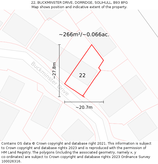 22, BUCKMINSTER DRIVE, DORRIDGE, SOLIHULL, B93 8PG: Plot and title map