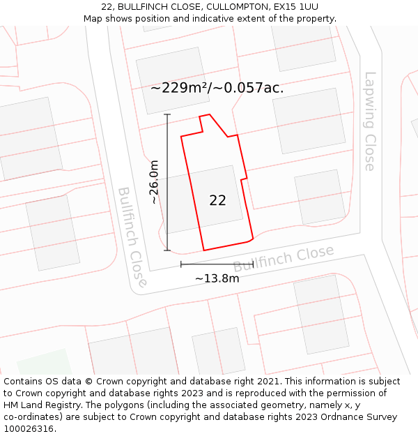 22, BULLFINCH CLOSE, CULLOMPTON, EX15 1UU: Plot and title map