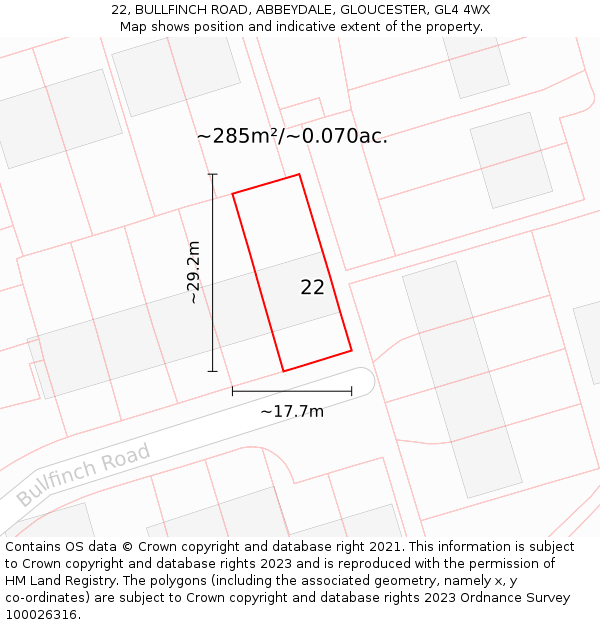 22, BULLFINCH ROAD, ABBEYDALE, GLOUCESTER, GL4 4WX: Plot and title map