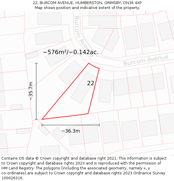 22, BURCOM AVENUE, HUMBERSTON, GRIMSBY, DN36 4XP: Plot and title map