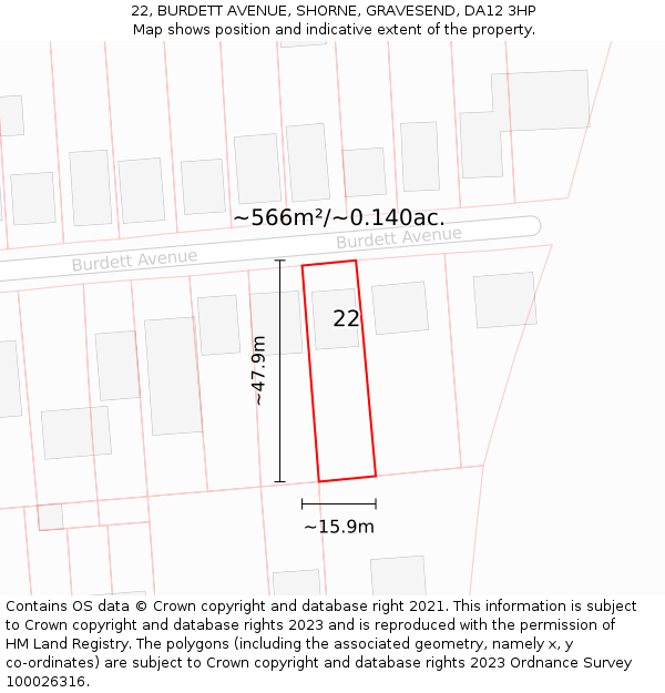 22, BURDETT AVENUE, SHORNE, GRAVESEND, DA12 3HP: Plot and title map