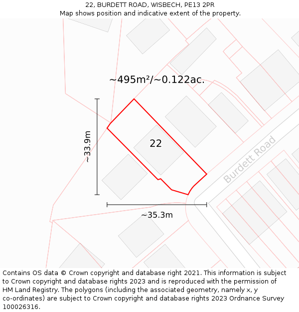 22, BURDETT ROAD, WISBECH, PE13 2PR: Plot and title map