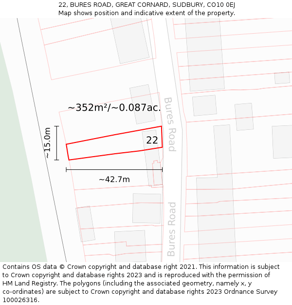 22, BURES ROAD, GREAT CORNARD, SUDBURY, CO10 0EJ: Plot and title map