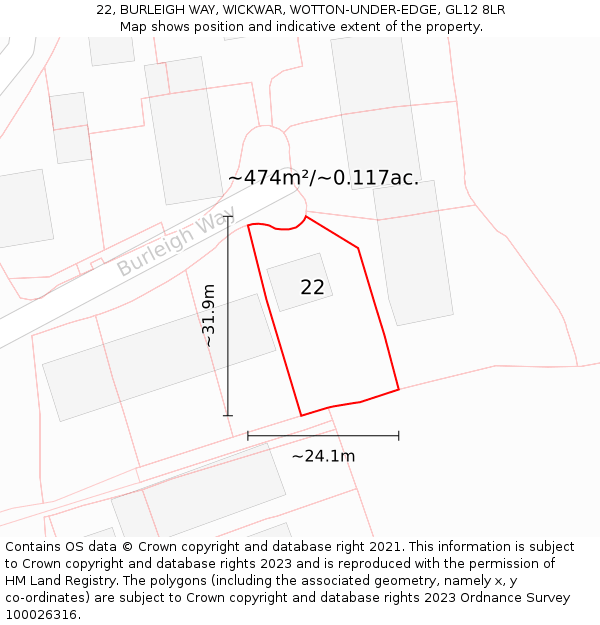 22, BURLEIGH WAY, WICKWAR, WOTTON-UNDER-EDGE, GL12 8LR: Plot and title map