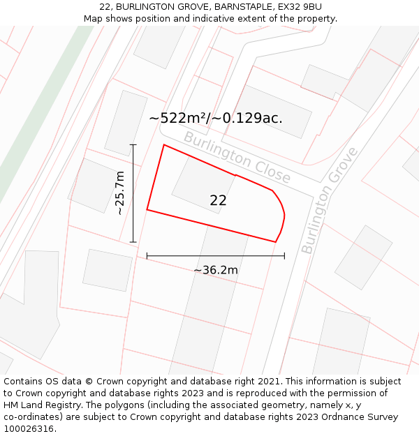 22, BURLINGTON GROVE, BARNSTAPLE, EX32 9BU: Plot and title map