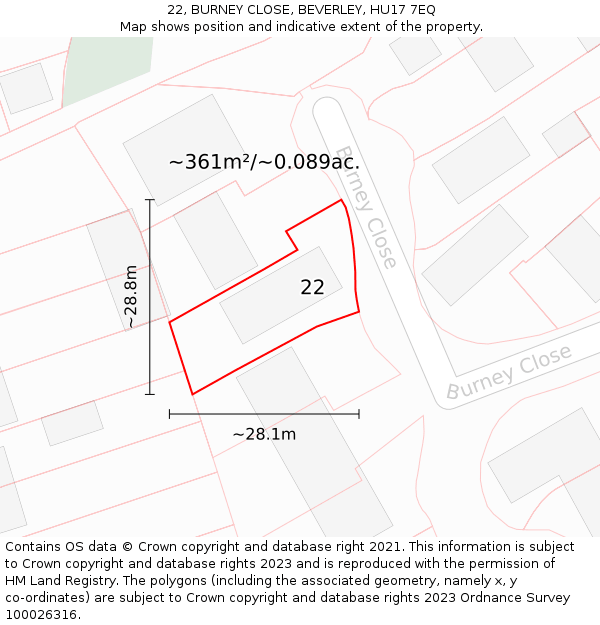 22, BURNEY CLOSE, BEVERLEY, HU17 7EQ: Plot and title map