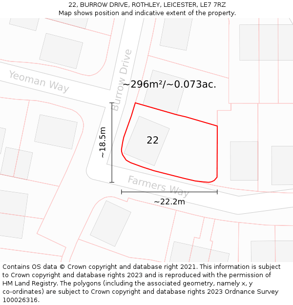 22, BURROW DRIVE, ROTHLEY, LEICESTER, LE7 7RZ: Plot and title map
