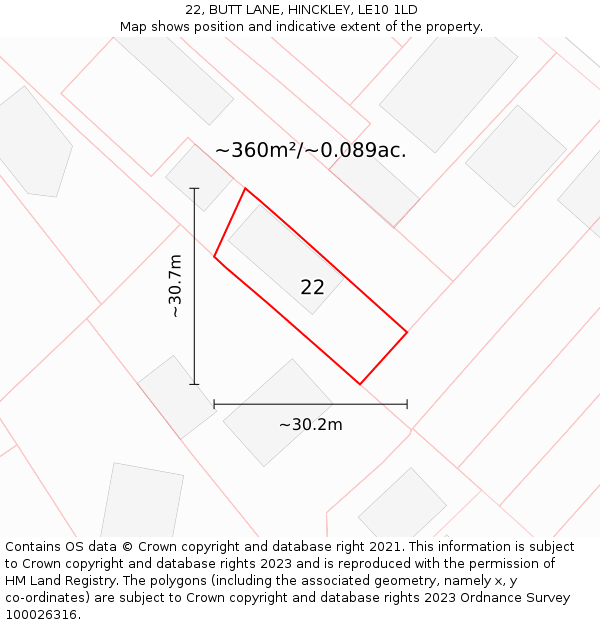 22, BUTT LANE, HINCKLEY, LE10 1LD: Plot and title map
