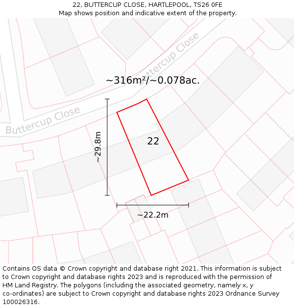 22, BUTTERCUP CLOSE, HARTLEPOOL, TS26 0FE: Plot and title map