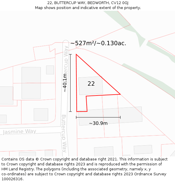 22, BUTTERCUP WAY, BEDWORTH, CV12 0GJ: Plot and title map
