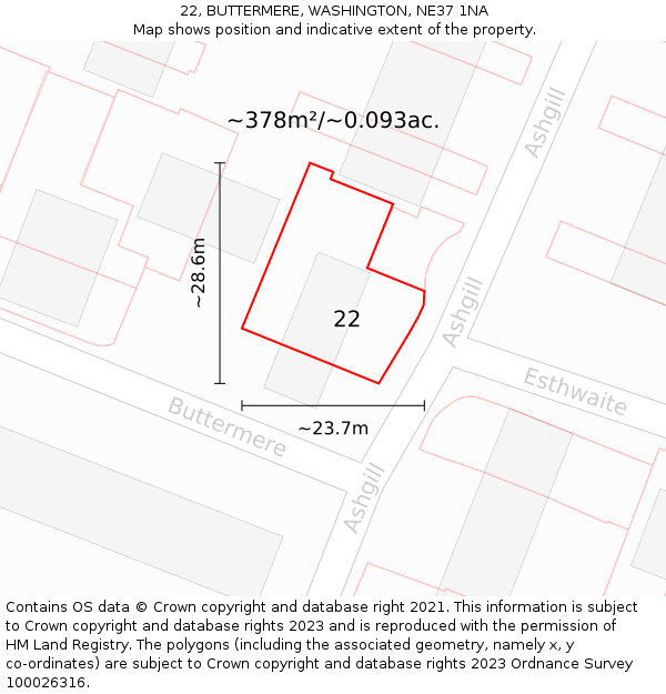 22, BUTTERMERE, WASHINGTON, NE37 1NA: Plot and title map