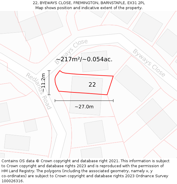 22, BYEWAYS CLOSE, FREMINGTON, BARNSTAPLE, EX31 2PL: Plot and title map