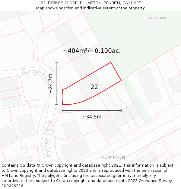 22, BYRNES CLOSE, PLUMPTON, PENRITH, CA11 9PE: Plot and title map