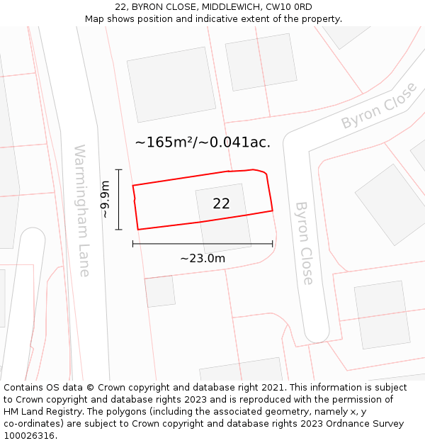 22, BYRON CLOSE, MIDDLEWICH, CW10 0RD: Plot and title map