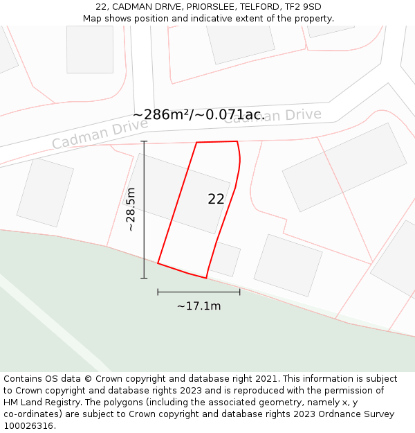 22, CADMAN DRIVE, PRIORSLEE, TELFORD, TF2 9SD: Plot and title map