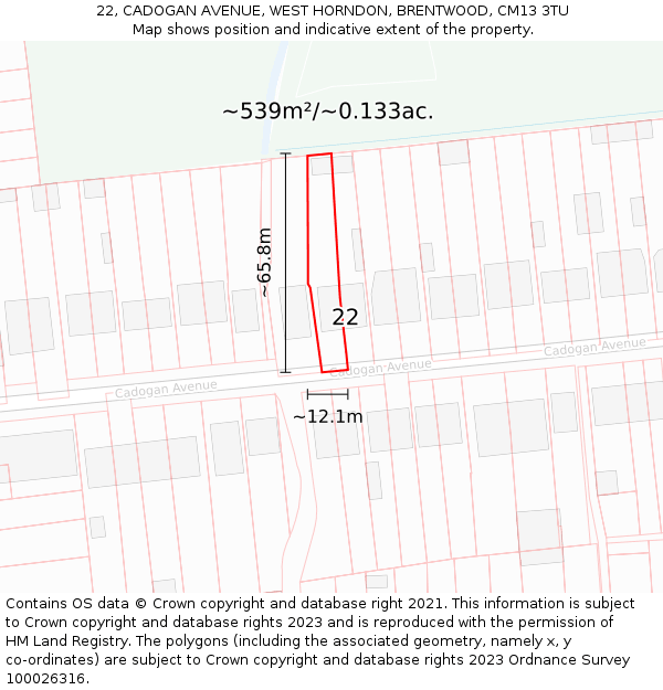 22, CADOGAN AVENUE, WEST HORNDON, BRENTWOOD, CM13 3TU: Plot and title map