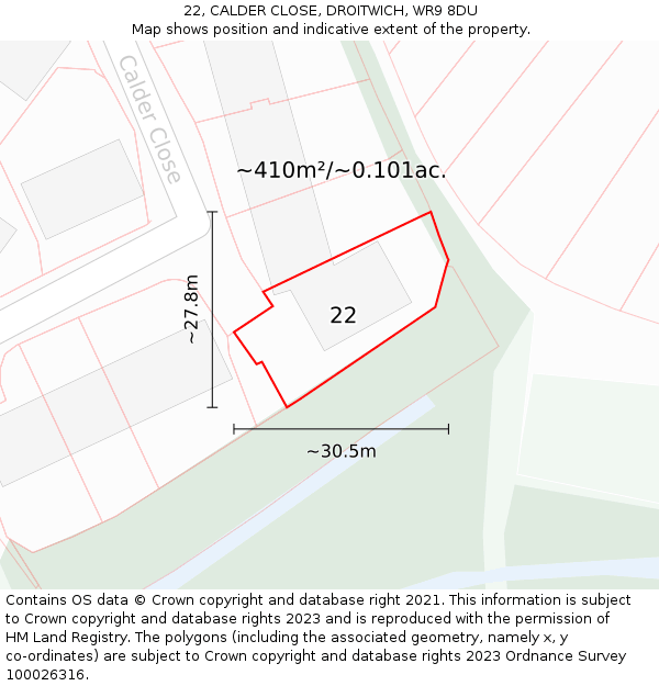 22, CALDER CLOSE, DROITWICH, WR9 8DU: Plot and title map