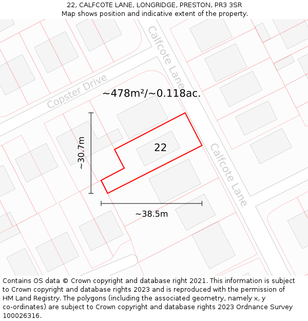 22, CALFCOTE LANE, LONGRIDGE, PRESTON, PR3 3SR: Plot and title map