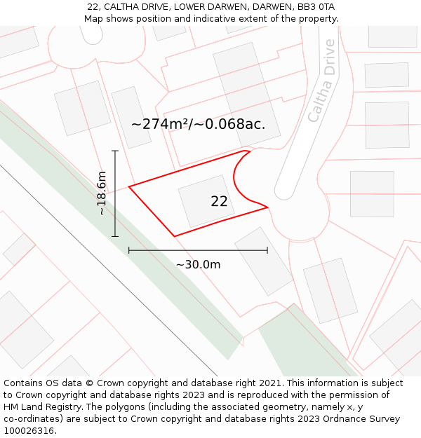 22, CALTHA DRIVE, LOWER DARWEN, DARWEN, BB3 0TA: Plot and title map