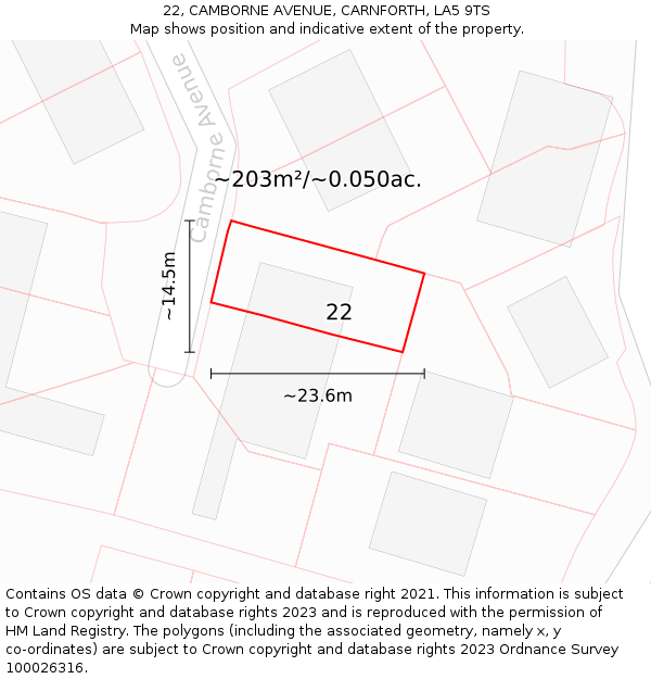 22, CAMBORNE AVENUE, CARNFORTH, LA5 9TS: Plot and title map