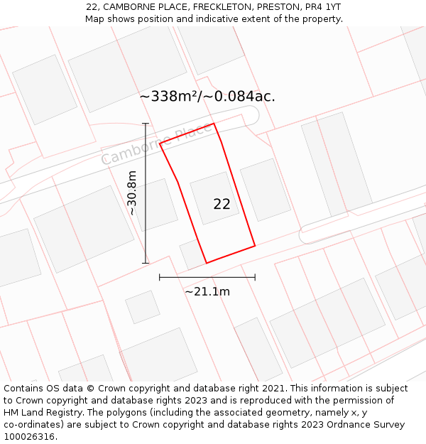 22, CAMBORNE PLACE, FRECKLETON, PRESTON, PR4 1YT: Plot and title map
