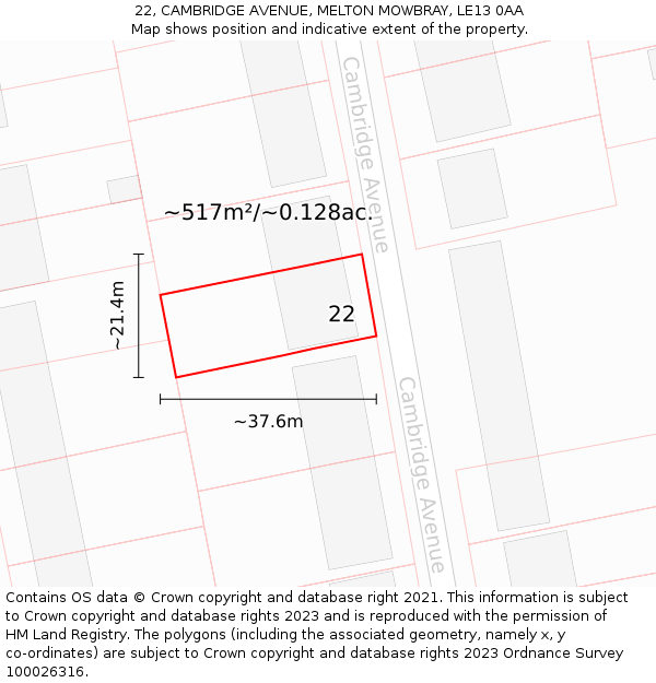 22, CAMBRIDGE AVENUE, MELTON MOWBRAY, LE13 0AA: Plot and title map