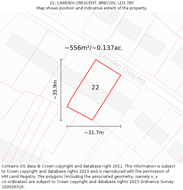 22, CAMDEN CRESCENT, BRECON, LD3 7BY: Plot and title map