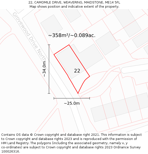22, CAMOMILE DRIVE, WEAVERING, MAIDSTONE, ME14 5FL: Plot and title map