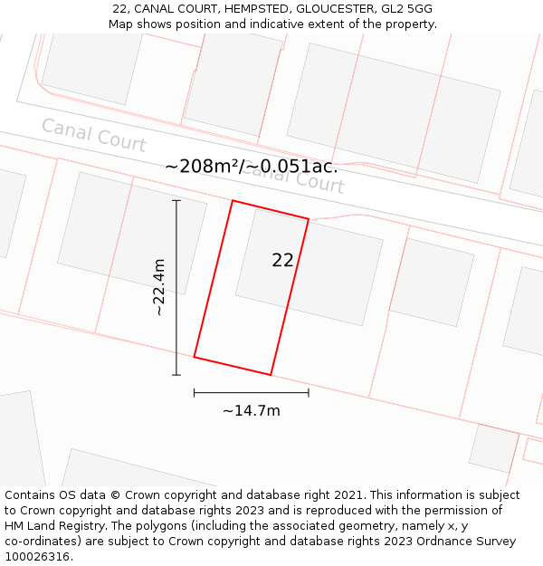 22, CANAL COURT, HEMPSTED, GLOUCESTER, GL2 5GG: Plot and title map