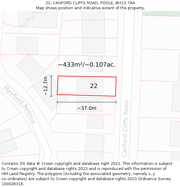22, CANFORD CLIFFS ROAD, POOLE, BH13 7AA: Plot and title map