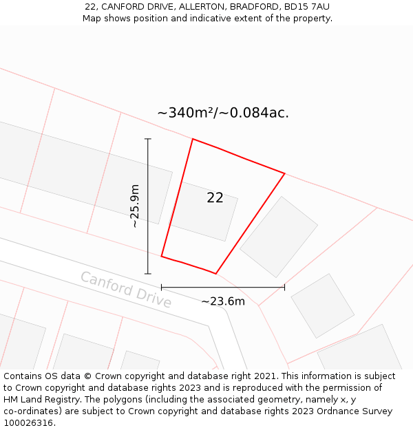 22, CANFORD DRIVE, ALLERTON, BRADFORD, BD15 7AU: Plot and title map