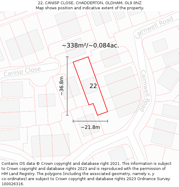 22, CANISP CLOSE, CHADDERTON, OLDHAM, OL9 0NZ: Plot and title map