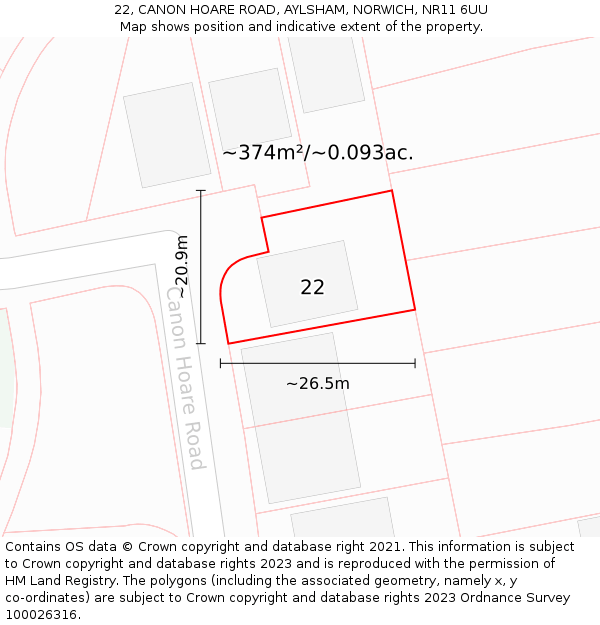 22, CANON HOARE ROAD, AYLSHAM, NORWICH, NR11 6UU: Plot and title map