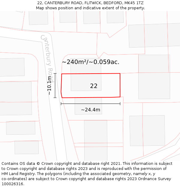 22, CANTERBURY ROAD, FLITWICK, BEDFORD, MK45 1TZ: Plot and title map