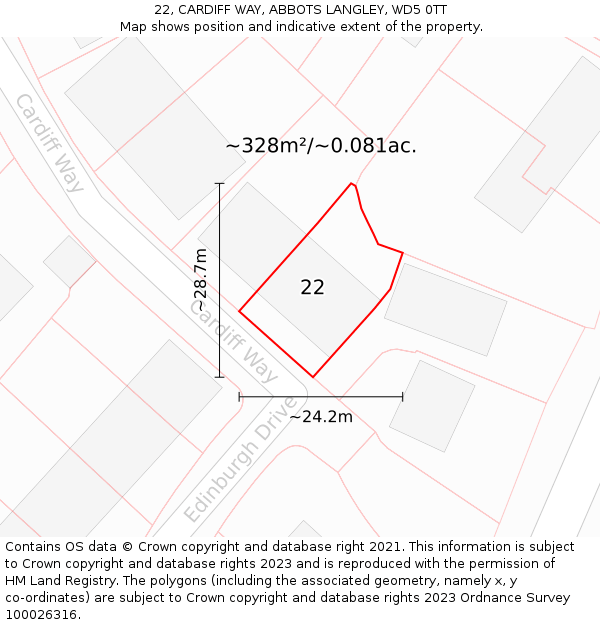 22, CARDIFF WAY, ABBOTS LANGLEY, WD5 0TT: Plot and title map
